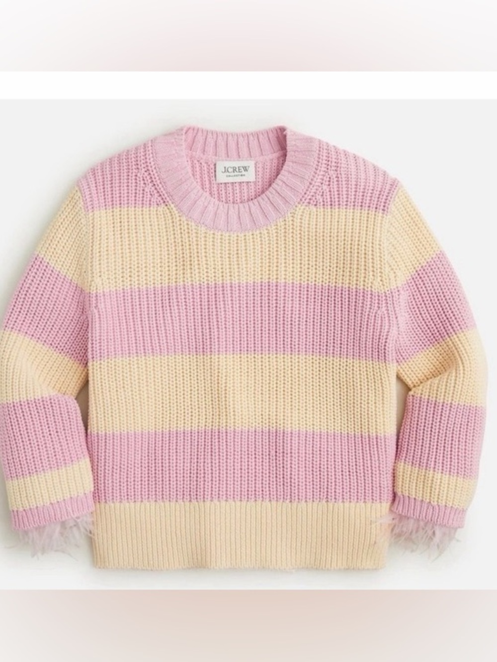 JCrew Stripe Pink Cream Feather Cuff Cotton Chunky Knit Chic Maximalist Sweater